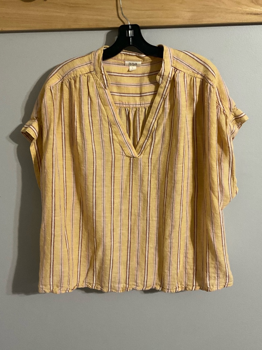 A.n.a. Yellow Striped Linen Blend V-Neck Short Sleeve Boxy Blouse Large